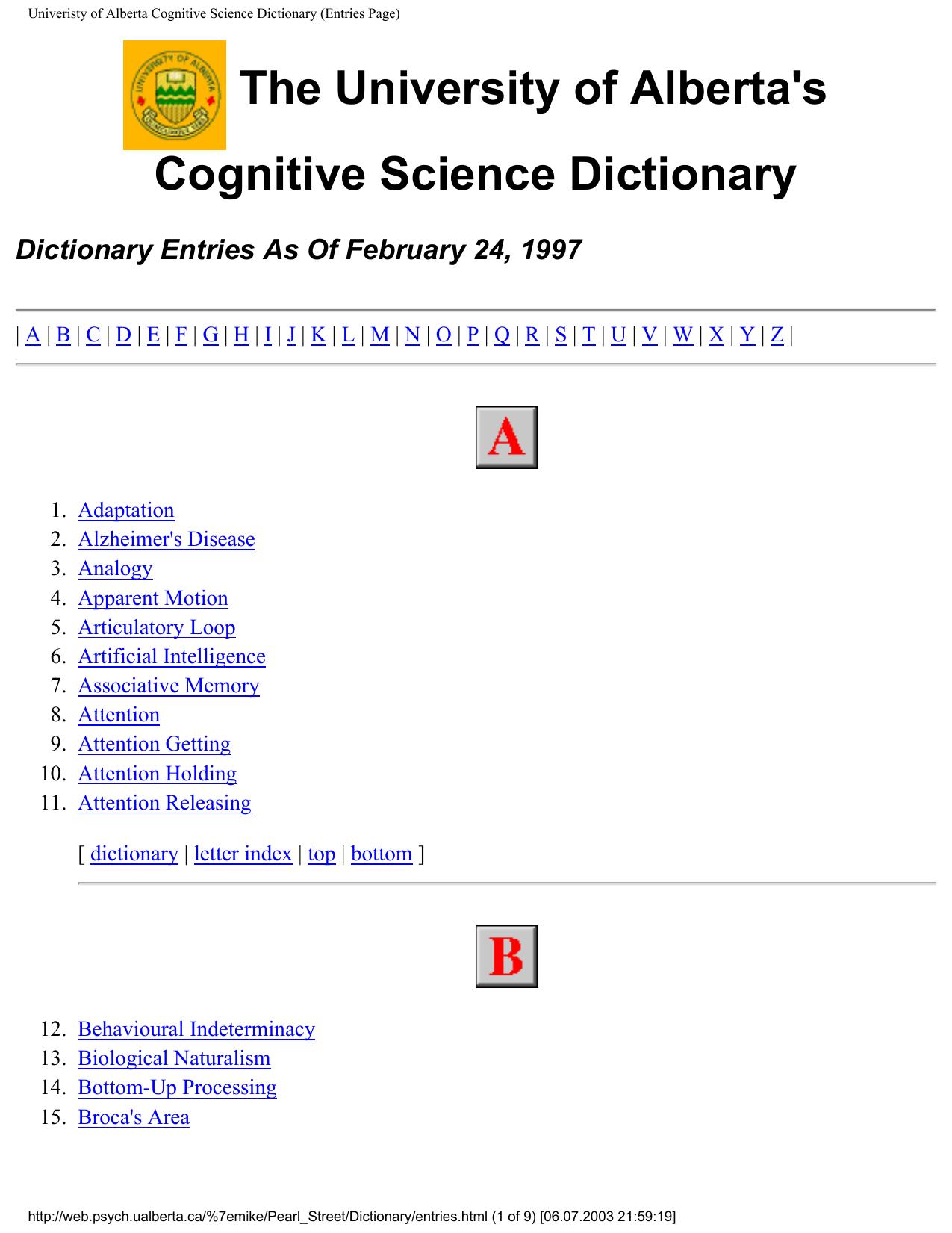 Univeristy of Alberta Cognitive Science Dictionary (Entries Page)