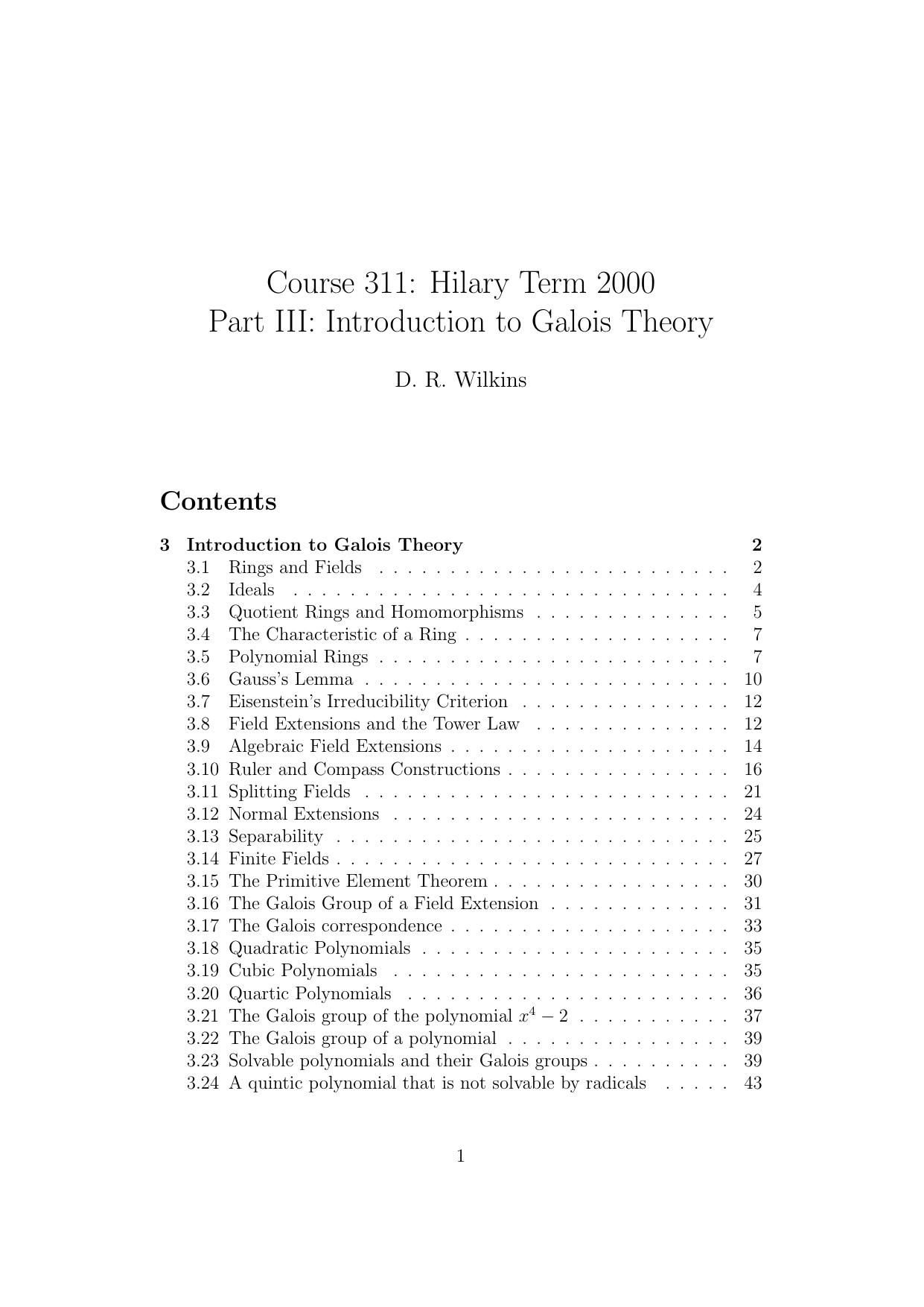 Introduction To Galois Theory Wilkins