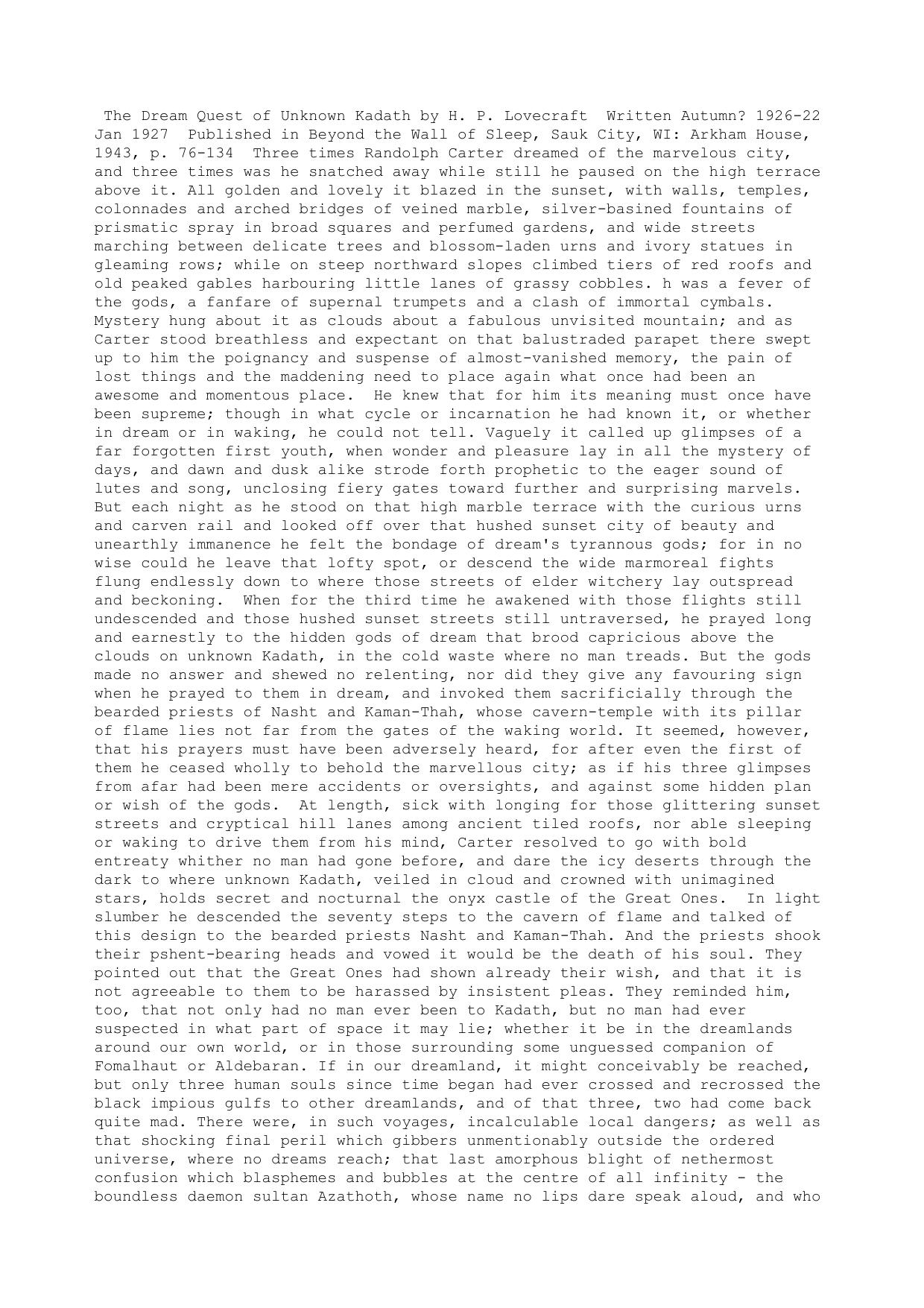 H P Lovecraft The Dream Quest Of Unknown Kadath