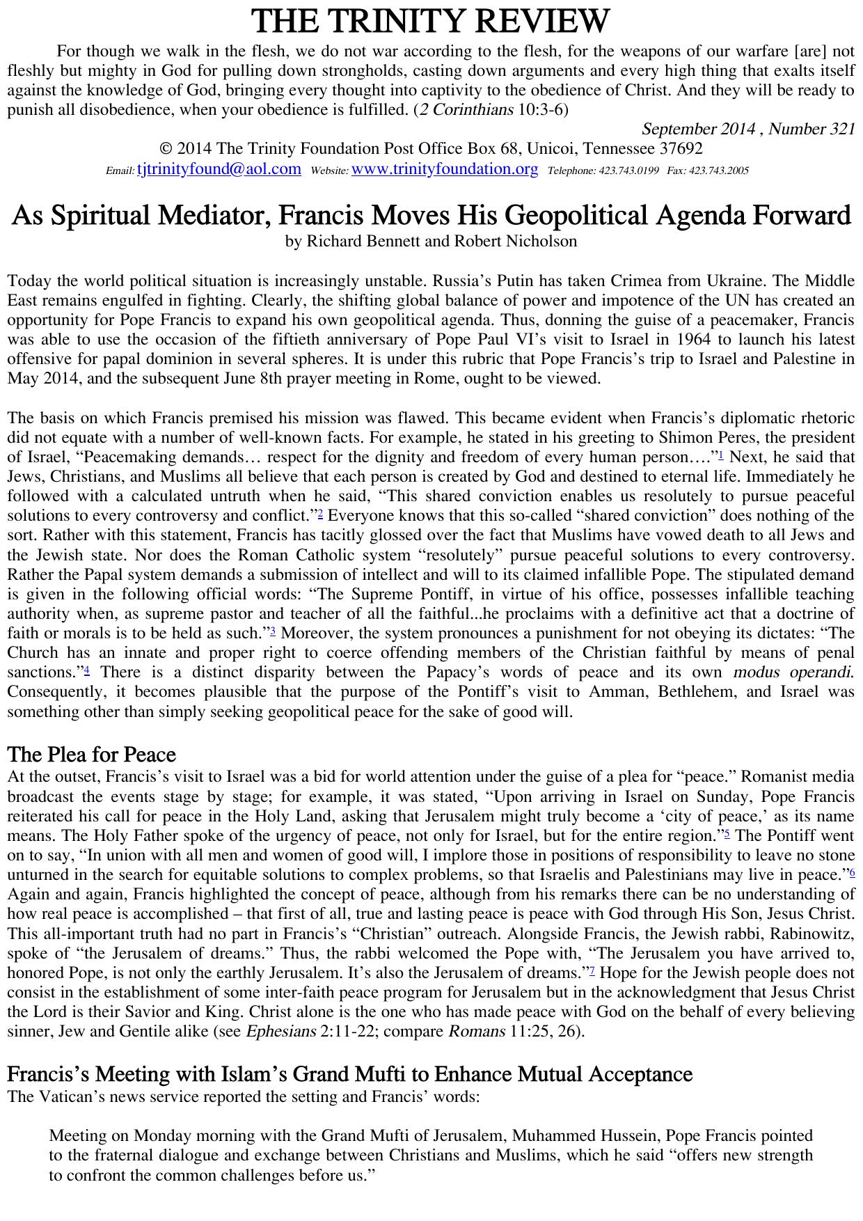 Trinity Review - 321 - As Spiritual Mediator, Francis Moves His Geopolitical Agenda Forward