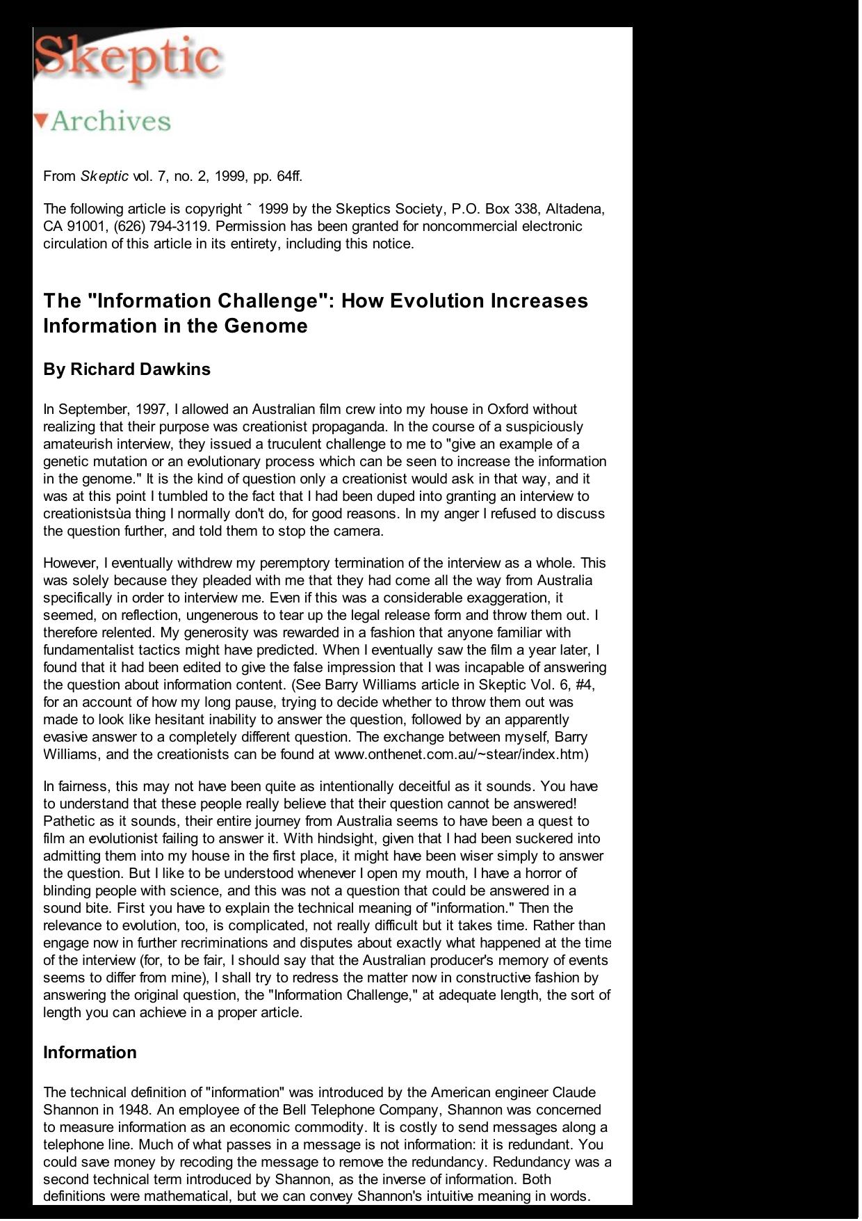 DAWKINS - SKEPTIC - How Evolution Increases Information in the Genome